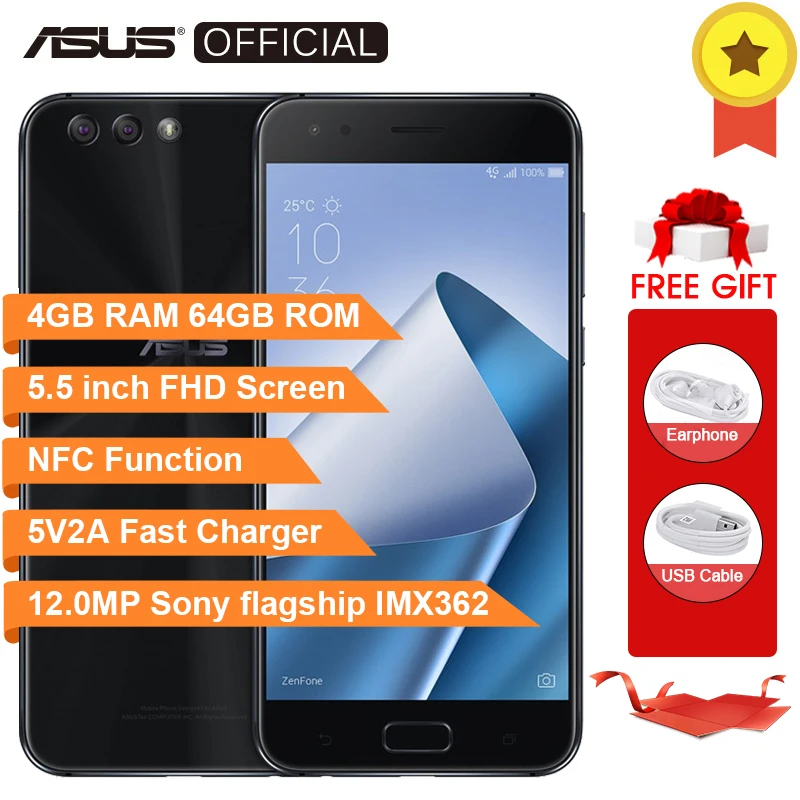 

ASUS Zenfone 4 ZE554KL Octa Core Snapdragon 630 4GB RAM 64GB ROM Android 7.1.1 5.5inch FHD Screen 3300mAh NFC Moblie Phone 5V2A