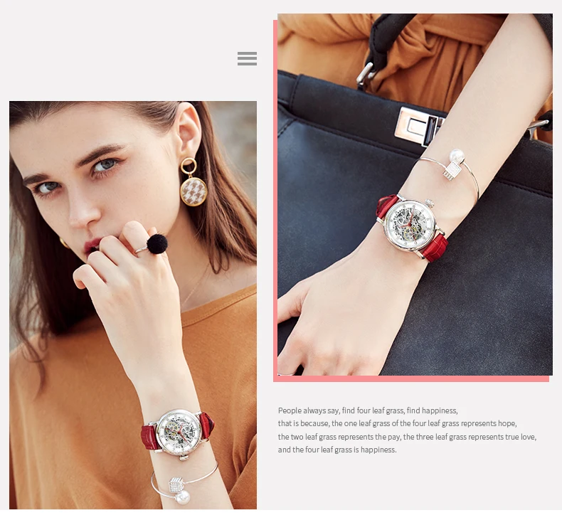 SEKARO Brand Women Mechanical Watches Diamond Ladies hand-winding Wristwatches Leather Fashion Skeleton Dial Gift for Female