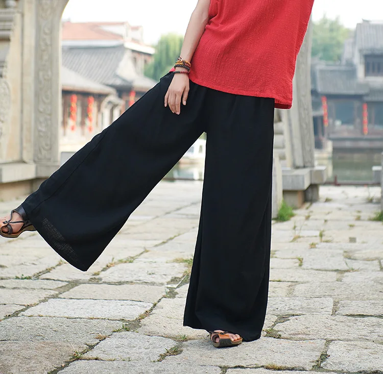 LZJN 2019 Spring Summer Culottes Pants Vintage Cotton Linen Pants Loose Full Length Trousers Women Wide Leg Pants White 3 Colors (36)