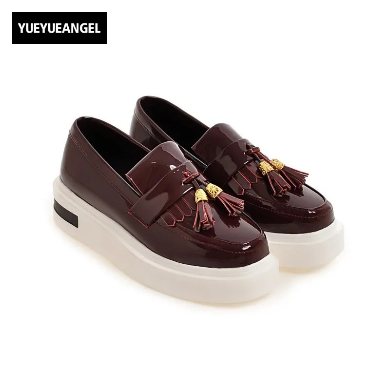 European Retro Tassels Womens Thicken Platform Creeper Slip On Loafer Pu Leather Preppy Wedges Square Toe Female Casual Shoes