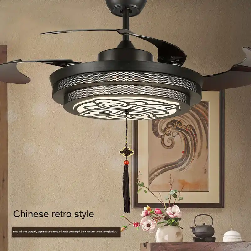 Chinese Retro Invisible Ceiling Fan Light Black Wrought Iron Fan