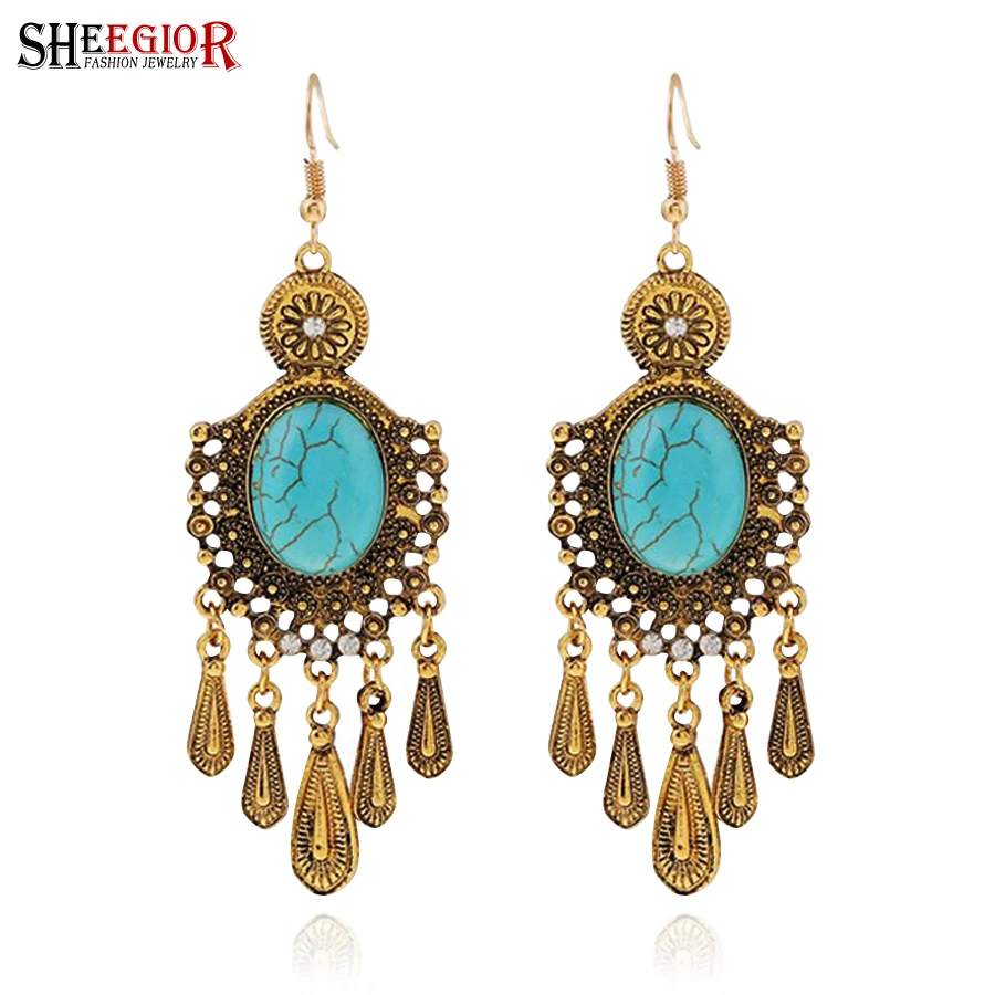 Image New Bohemian Turquoise Drop Earrings Ethnic Long Vintage Gold Silver Dangles Earrings Boucle D oreille Femme Pendante For Women