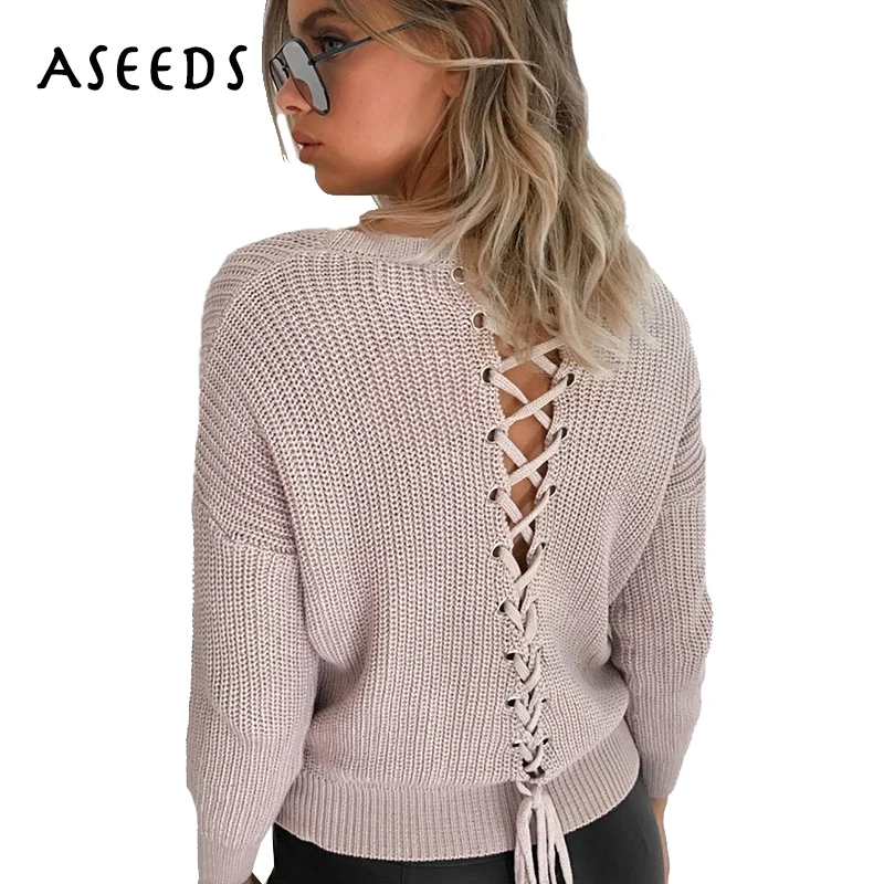 Fashion pink lace up Knitted Pullovers casual women Sweater 2018 Autumn Winter o neck long sleeve Knitwear female Jumper tops | Женская