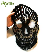 Grandes remendos bordados da toalha do laço do esqueleto do crânio preto fresco para a roupa emblemas do bordado do vestuário apliques acessório diy(China)
