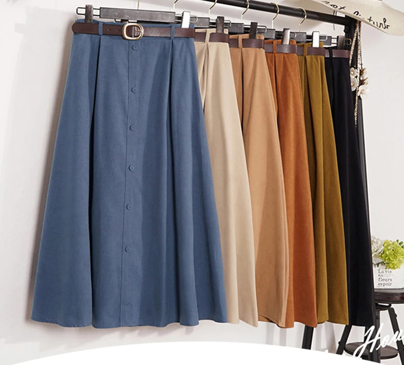 

Autumn Winter Suede Velvet Women Skirt Female Midi Long Elegant Skirt Empire A-line Pleated Skirt