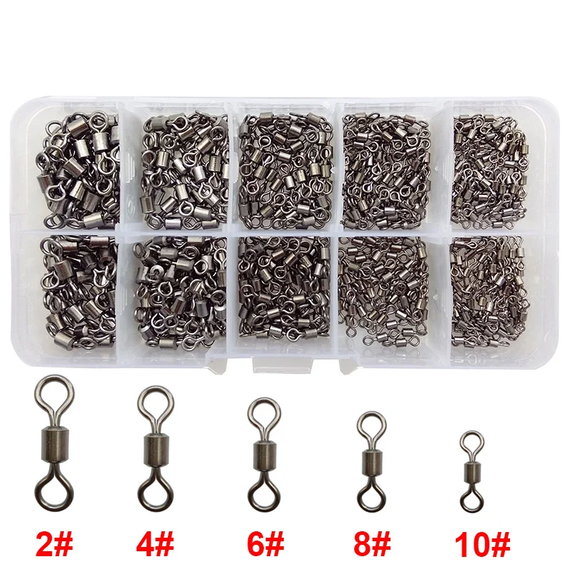 

500pcs Rolling Fishing Swivel With Solid Ring Brass With Black Nickle Rolling Swivels Fishing Line Hook Connector Set With Box