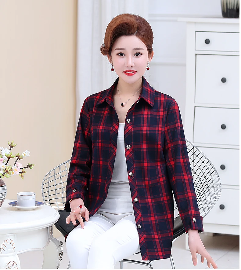 Woman Casual Shirt Red Green Plaid Pattern Blouse Female Check Print Cotton Tops Women Leisure Long Sleeve Button Front Shirts (7)
