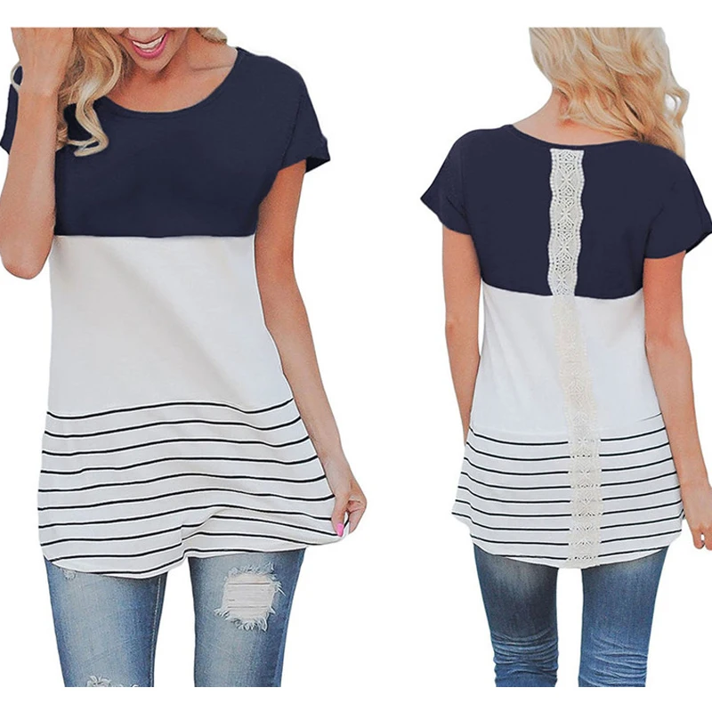 2019 Summer Clothes for Women Leisure Back Lace Blouse Striped Short Sleeve Patchwork Blouse Tunic Casual Shirts Tops Femininas
2019 Summer Clothes for Women Leisure Back Lace Blouse Striped Short Sleeve Patchwork Blouse Tunic Casual Shirts Tops Femininas