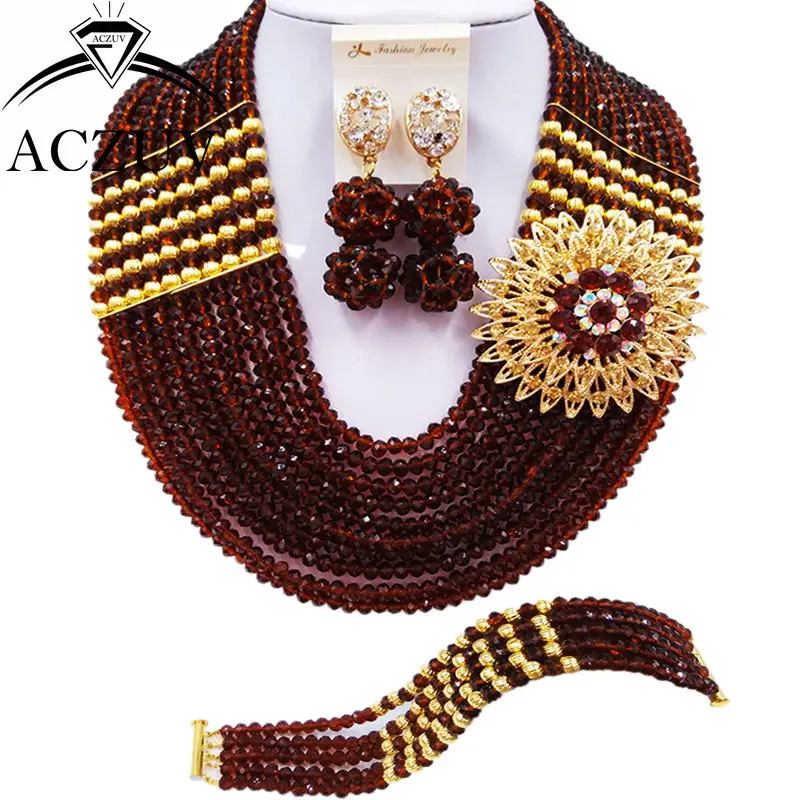 ACZUV 10 Rows Brown Crystal Nigerian Beads Jewelry Set African Wedding Necklace Bridal Jewelry Sets 10LBJZ018
ACZUV 10 Rows Brown Crystal Nigerian Beads Jewelry Set African Wedding Necklace Bridal Jewelry Sets 10LBJZ018