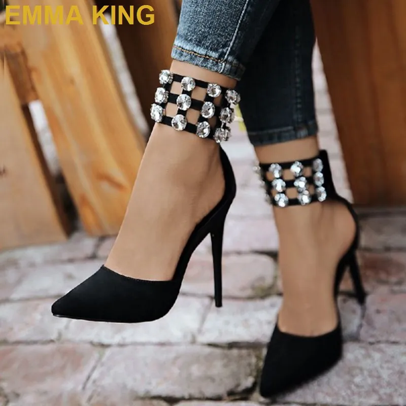 Fashion Crystal Heels Pointed Toe Black Suede Leather High Heels Women Summer Shoes Ankle Strap Stilettos Wedding Party Shoes
Fashion Crystal Heels Pointed Toe Black Suede Leather High Heels Women Summer Shoes Ankle Strap Stilettos Wedding Party Shoes