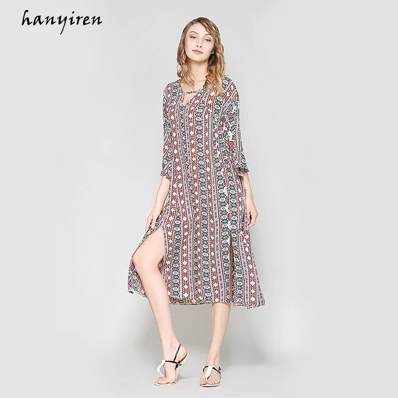 Фото Hanyiren Side Split Loose Vintage Print Summer Dress Bohemian Beach Dresses V Neck Chiffon Women Sexy Long Maxi | Женская одежда