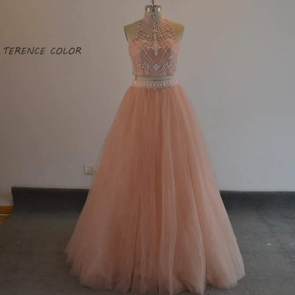 Two Pieces Set Beading Tulle Prom Dresses High Neck Open Back Evening Gown