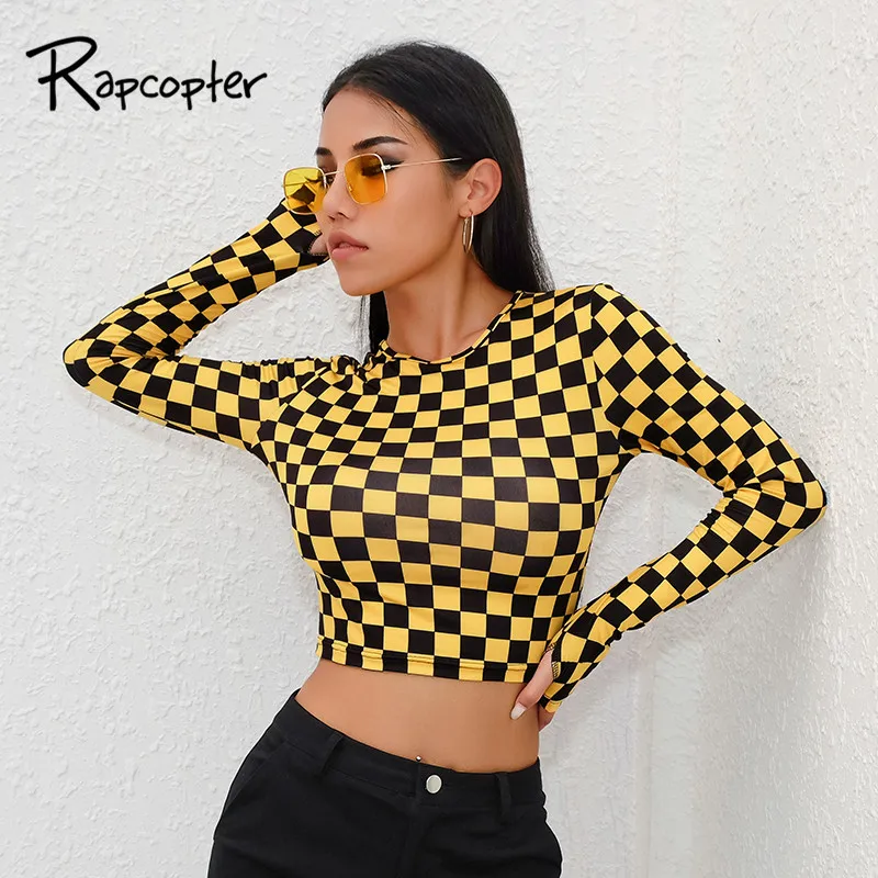 

Rapcopter Women Plaid Casual T-shirt Streetwear Long Sleeve T-shirt Cropped Yellow Checkboard O-neck T-shirt Sexy Bodycon Female