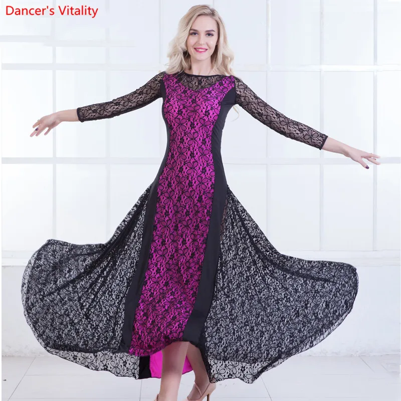 Фото 2018 New Women Modern Waltz Tango Smooth Lace Standard Dance Salon Long Sleeve Dress Clothing | Тематическая одежда и