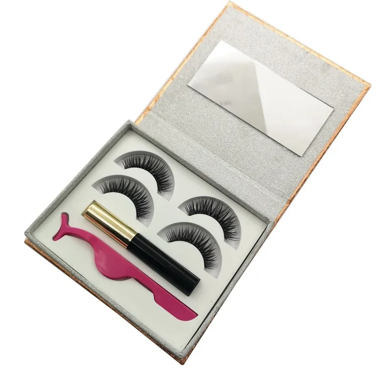 

Magnetic Eyeliner and 3D Magnetic Eyelash Reusable Synthetic Fiber False Lashes Natural Look 3 Magnets No Glue Mirror box