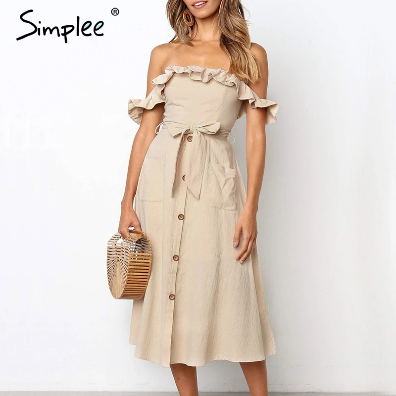 Simplee Sexy off shoulder ruffle women dress Elegant black button cotton summer dress Casual female midi lady vestidos festa
Simplee Sexy off shoulder ruffle women dress Elegant black button cotton summer dress Casual female midi lady vestidos festa