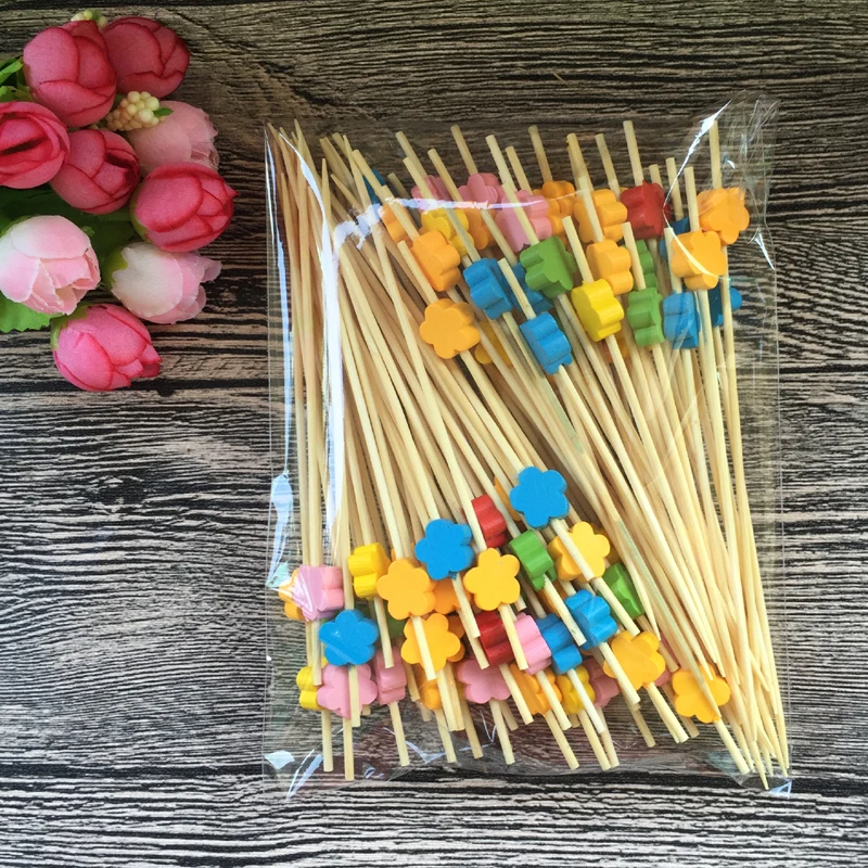 

12cm 100pcs flower Bamboo Food Skewer Picks Fruit Fork Sticks Buffet Cocktail Wedding Festival Party Decorations Cupcake Toppers