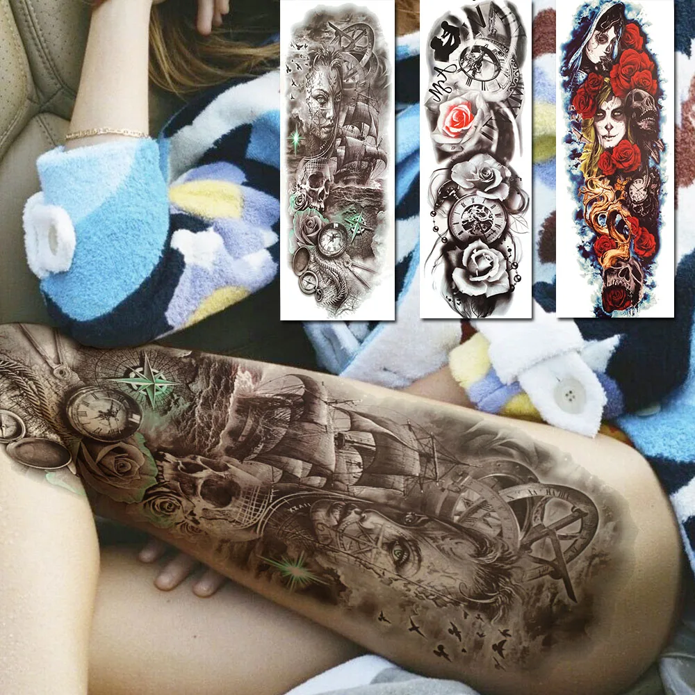 

Rejaski Large 3D Temporary Tattoos For Sexy Women Men Flower Rose Death Skull Tattoo Full Arm Sticker Big Body Art Tatoos Sleeve