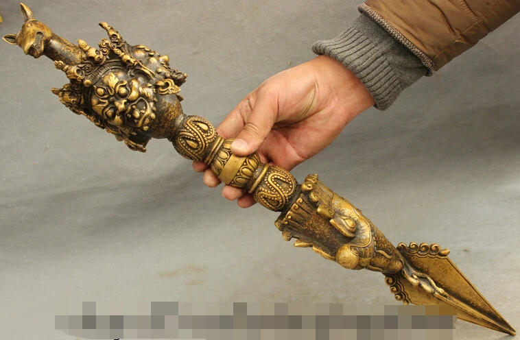 shitou 002968 24" Tibet Bronze Buddhism BiXie Mahakala Buddha Head Statue Phurpa Talismans