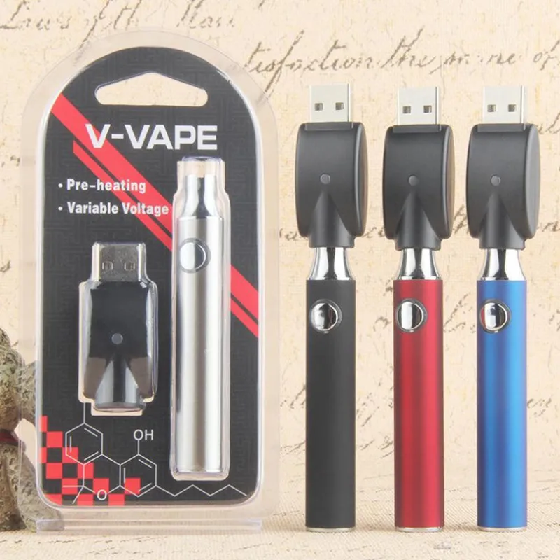 100PCS V-VAPE Preheat VV Battery Blister Kit 650mAh Variable Voltage With USB Charger For 510 Wax Thick Oil Preheating Cartridge