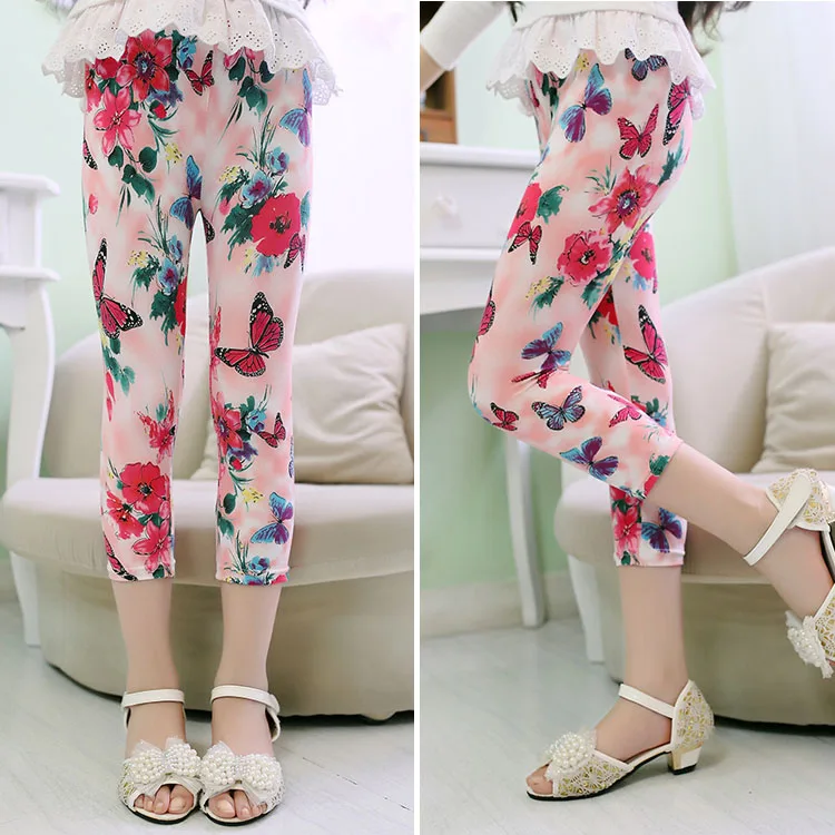 3-10years Girls Cropped Trousers Floral Print Flower Kids Calf Length Skinny Pants Stretch Leggings Children All-matches Bottoms