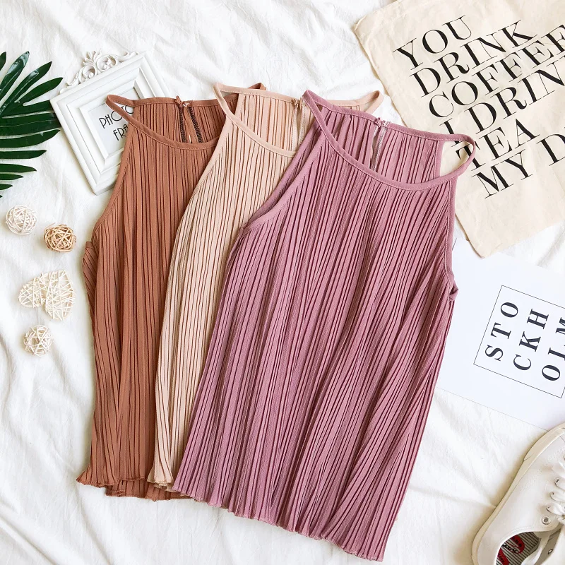 2019 Women Spring Summer Vintage Summer O-Neck Sleeveless Halter Pleated Basic Shirt Elegant High Waist Pullover Blouse Tops
2019 Women Spring Summer Vintage Summer O-Neck Sleeveless Halter Pleated Basic Shirt Elegant High Waist Pullover Blouse Tops