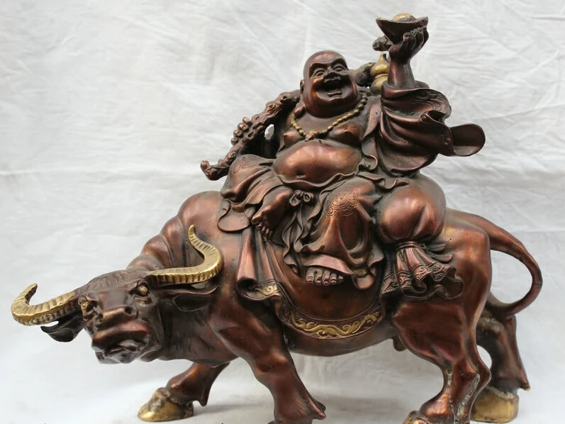 Collectible bronze S2160 14" Lucky Chinese Buddhism Bronze Happy Laugh Maitreya Buddha On Bull Statue