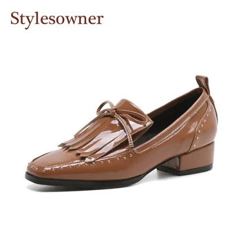 British Style Patent Leather Woman Shoes Hot Bowtie Tassel Squared Toe Fashionable Shoes Rivets Pearls Decor Black Brown Sapatos
British Style Patent Leather Woman Shoes Hot Bowtie Tassel Squared Toe Fashionable Shoes Rivets Pearls Decor Black Brown Sapatos