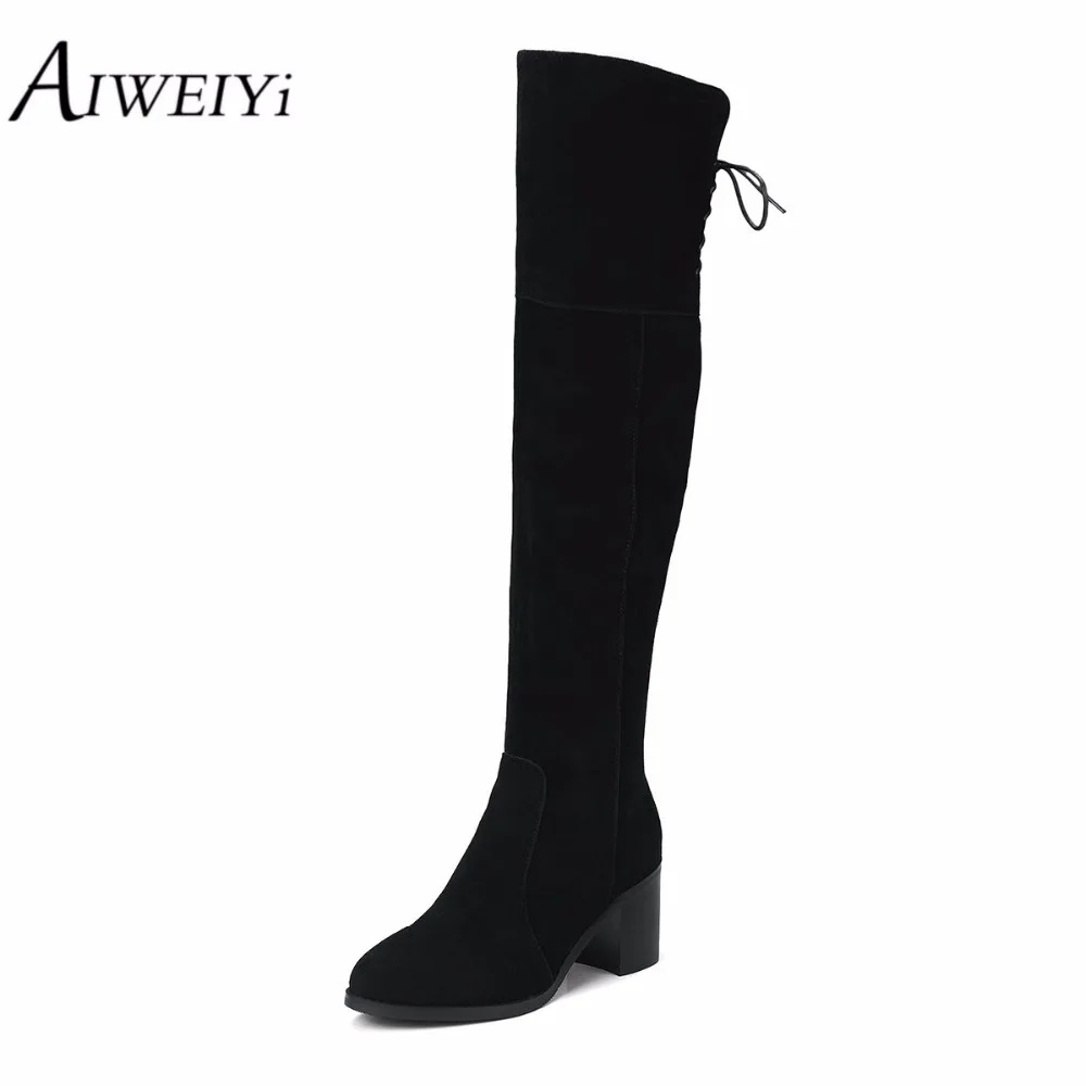 Aiweiyi/черные ботфорты ботинки из натуральной кожи Мех животных теплые ручной