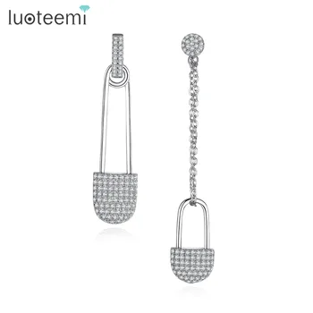 

LUOTEEMI Shining Clear Micro Paved Cubic Zirconia Long Asymmetrical Pin Earrings For Women Hot Fashion Crystal Brincos Bijoux