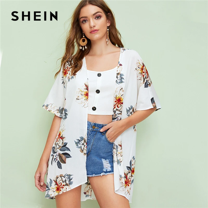 

SHEIN Floral Print White Kimono Women Bohemian Summer Vacation Half Sleeve Asymmetrical Hem Top Open Front Longline Kimonos