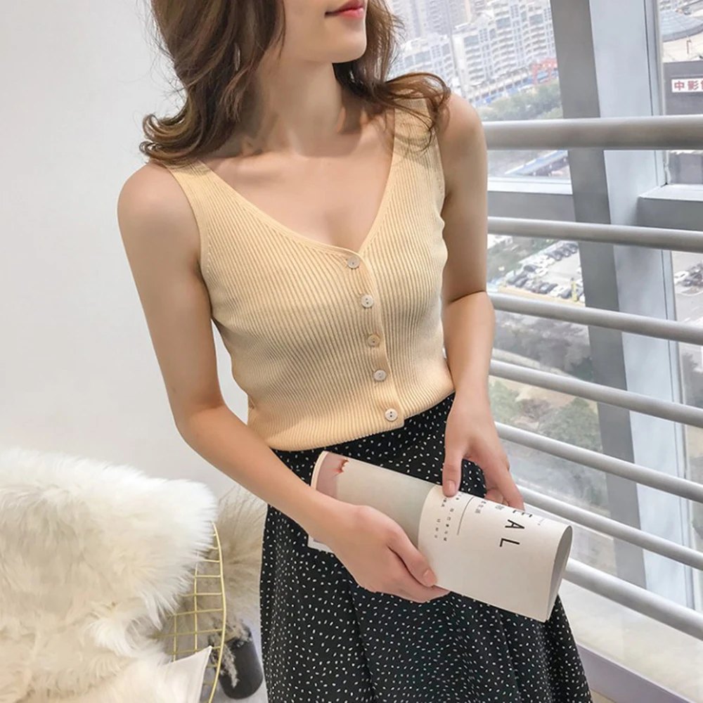 2019 Summer Women's Button Knit Vest Sexy V-neck Slim Sleeveless Bottom Shirt Korean Sling Top
2019 Summer Women's Button Knit Vest Sexy V-neck Slim Sleeveless Bottom Shirt Korean Sling Top
