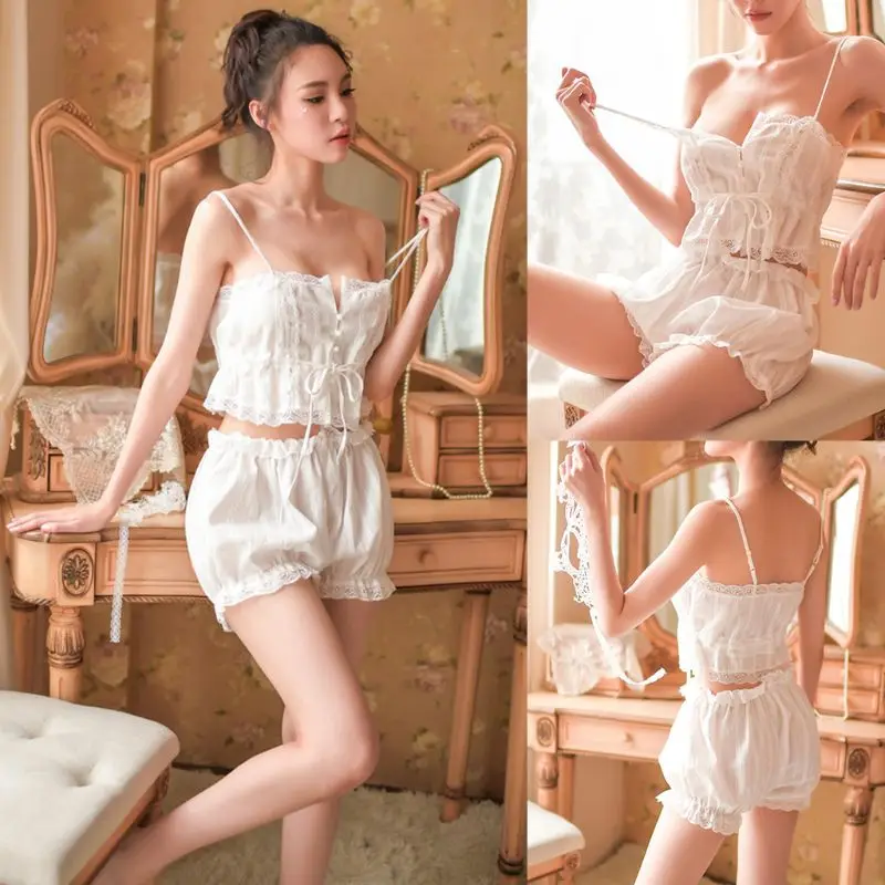 Womens Sexy Lingerie Pajamas Set Button Up Drawstring Crop Top Camisole Ruffled Lace Spaghetti Straps Bloomers Sleepwear
Womens Sexy Lingerie Pajamas Set Button Up Drawstring Crop Top Camisole Ruffled Lace Spaghetti Straps Bloomers Sleepwear