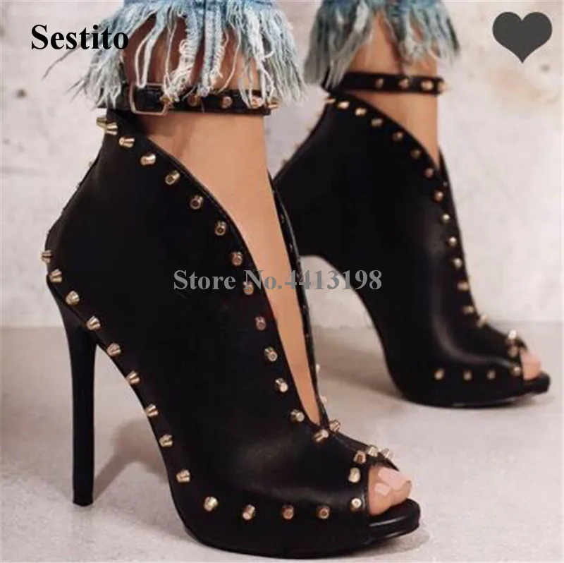 

Newest Women Fashion Peep Toe Black Nude Thin Heel Rivet Short Gladiator Boots Ankle Straps High Heel Ankle Booties Brand Shoes