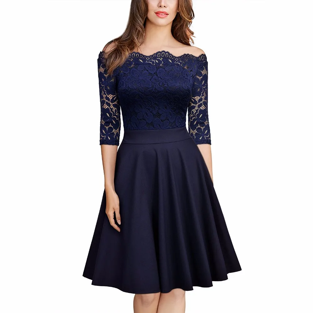 Women's Vintage Elegant Slash Neck Off Shoulder 2/3 Sleeve Lace Contrast Swing Cocktail Party Dress
Women's Vintage Elegant Slash Neck Off Shoulder 2/3 Sleeve Lace Contrast Swing Cocktail Party Dress