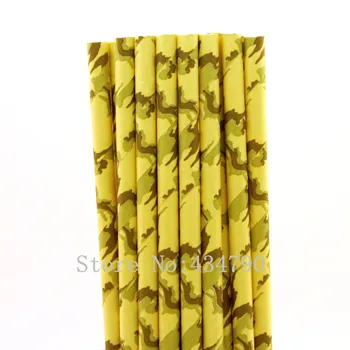 

200pcs Yellow Camo Paper Straws-Woodland Hunting Winter Camouflage Camping Military Cake Pop Sticks Mason Jar Straws-Birthday