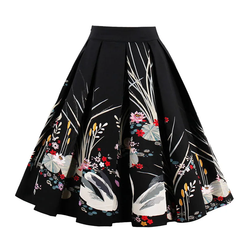 Kostlish Retro Print Flower Summer Skirts Womens 2017 High Waist Vintage Skirt Elegant A-Line Midi Women Skirt Plus Size XXL 22 (6)