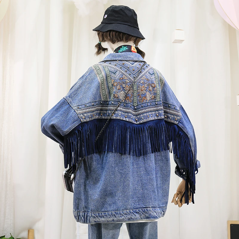 Fashion Retro Embroidery Rivet Tassel Jeans Jacket Woman Spring 2019 New Korean Harajuku Jacket Women Denim Jacket Loose Fit
Fashion Retro Embroidery Rivet Tassel Jeans Jacket Woman Spring 2019 New Korean Harajuku Jacket Women Denim Jacket Loose Fit