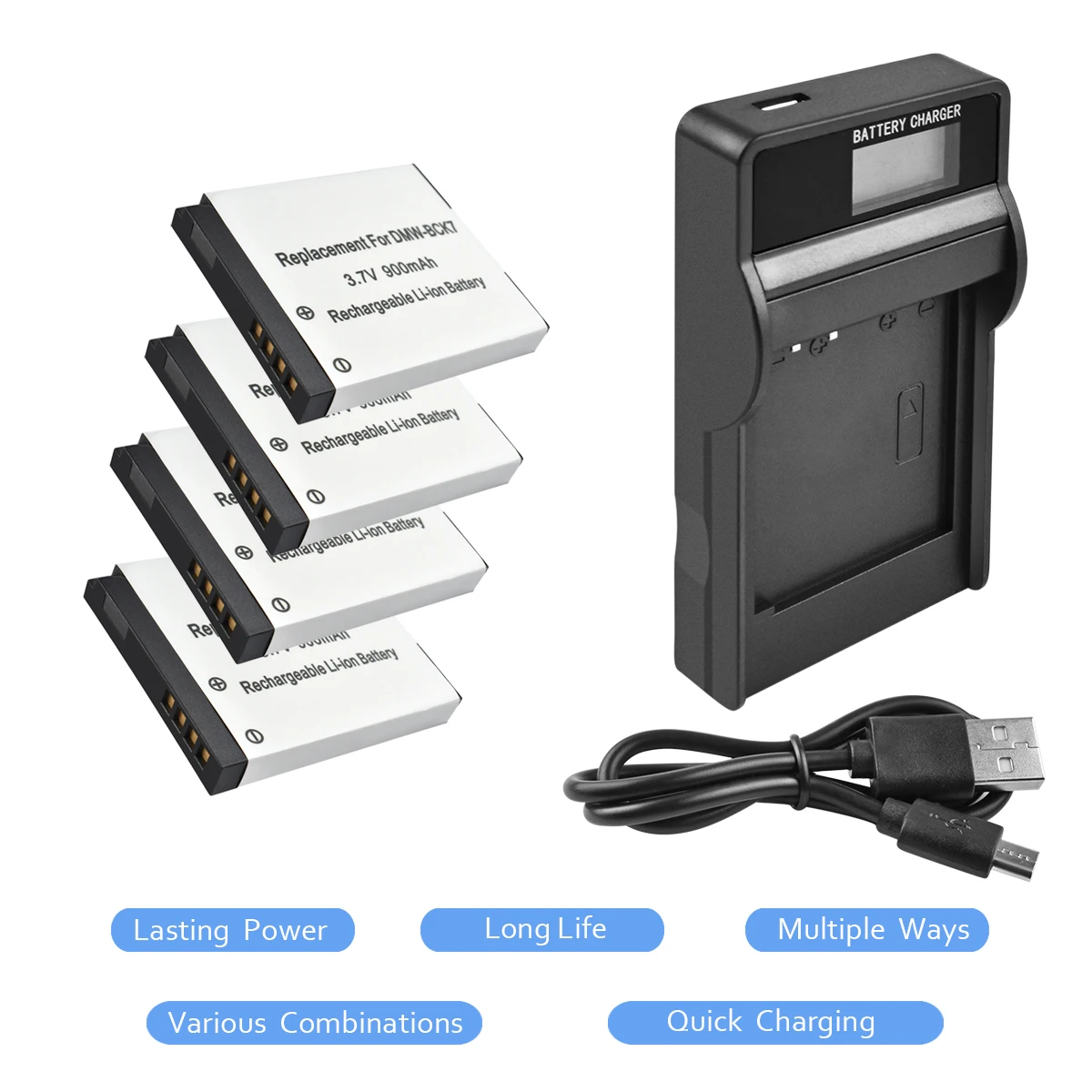 4Packs 3.7V 900mAh DMW-BCK7 Li-ion Battery+1Port Battery charger with LEDFor Panasonic DMC-S1A DMC-S1K DMC-S1N DMC-S1P L20
