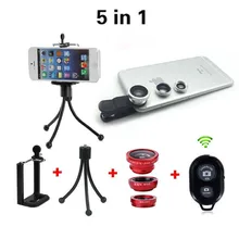 5in1 Mobile Phone Camera Kit 3in1 Lens Fisheye + Wide Angle + Macro Lenses Bluetooth Remote With Tripod For iphone Samsung HTC