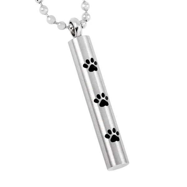 

IJD8347 Tube Shape Cremation Urn Pendant for Pet Stainless Steel Paw Print Cylinder Keepsake Memorial Ashes Necklace Unisex