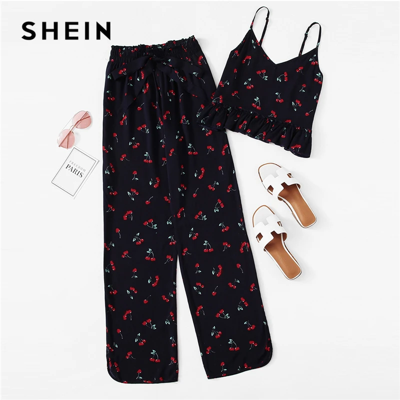 

SHEIN Cherry Print Ruffle Cami Pants PJ Set Multicolor Spaghetti Strap Knot Sleepwear Women Summer Sleeveless Casual Nightwear