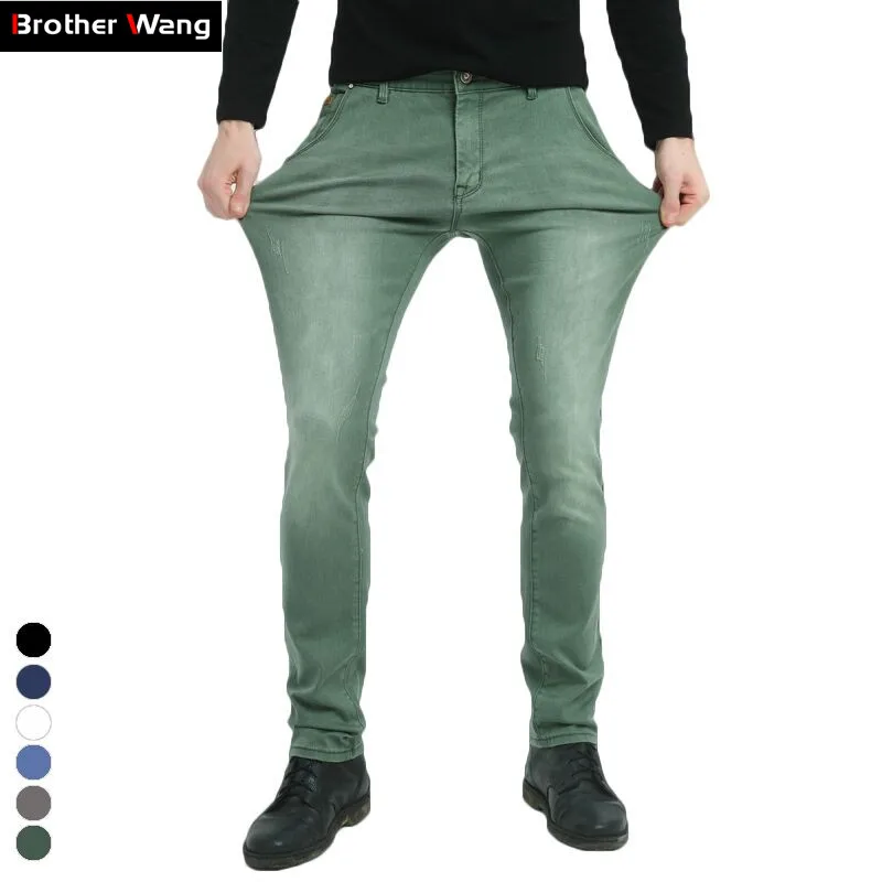 

Brother Wang Brand 2019 New Men's Elastic Jeans Fashion Slim Skinny Jeans Casual Pants Trousers Jean Male Green Black Blue