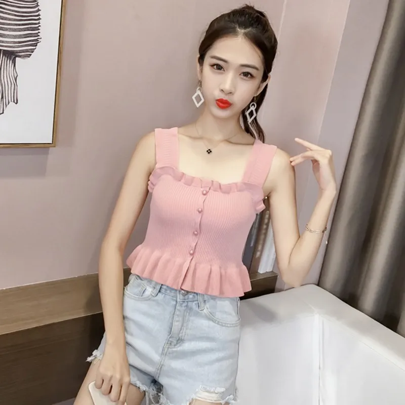 Women Fashion Ruffles Buttons Tanks Tops Girls Casual Solid Knitted Sweet Chic Tank Tops Camisole Female Sexy Backless Crop Top
Women Fashion Ruffles Buttons Tanks Tops Girls Casual Solid Knitted Sweet Chic Tank Tops Camisole Female Sexy Backless Crop Top