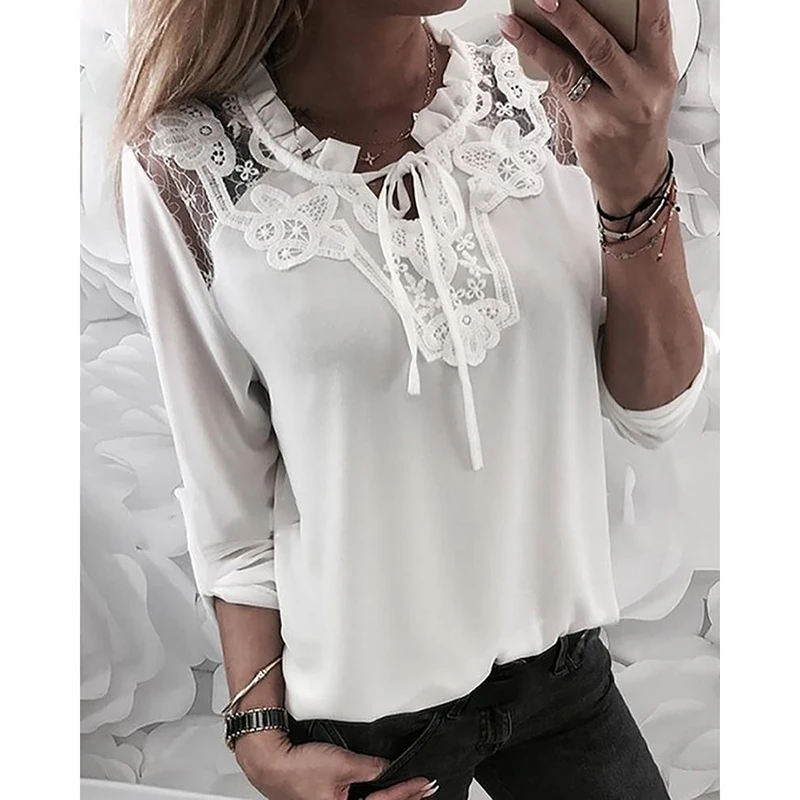 Women Summer White Color Lace Patchwork Sexy Long Sleeve Blouse Office Ladies Loose Harajuku Style Casual Chiffon Shirt SJ3019M
Women Summer White Color Lace Patchwork Sexy Long Sleeve Blouse Office Ladies Loose Harajuku Style Casual Chiffon Shirt SJ3019M