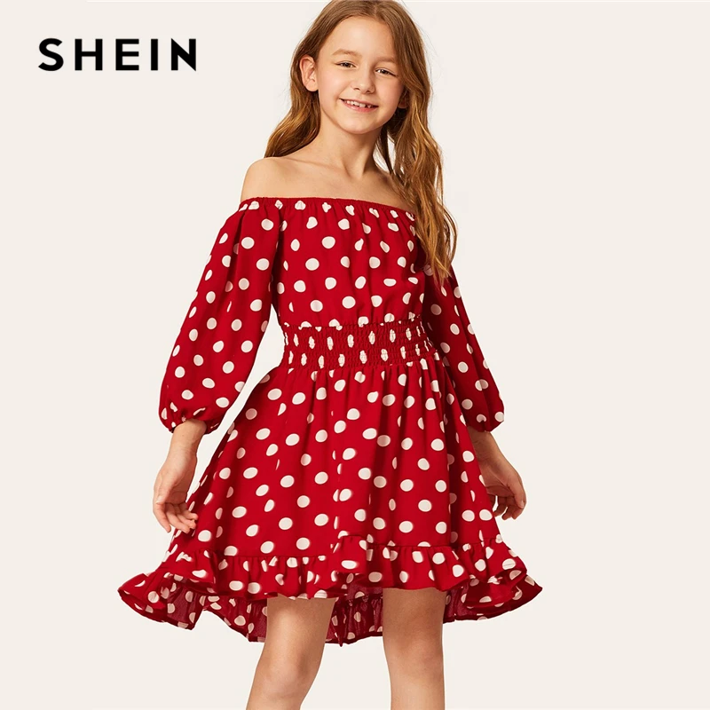 

SHEIN Kiddie Burgundy Polka Dot Shirred Waist Vacation Dress 2019 Summer Off The Shoulder Bishop Sleeve Boho Dresses For Girls