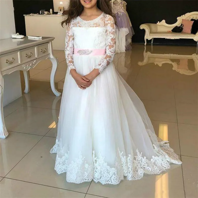 New Long Flower Girl Dress For Wedding White Lace Pink Belt Full Sleeves Princess A-Line First Communion Dress
New Long Flower Girl Dress For Wedding White Lace Pink Belt Full Sleeves Princess A-Line First Communion Dress