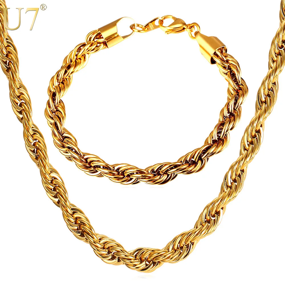 U7 New Gold Statement Chain Necklace Set Wholesale Trendy Stainless 9MM Width Rope Chain Necklace Bracelet Men Jewelry Sets S840
U7 New Gold Statement Chain Necklace Set Wholesale Trendy Stainless 9MM Width Rope Chain Necklace Bracelet Men Jewelry Sets S840