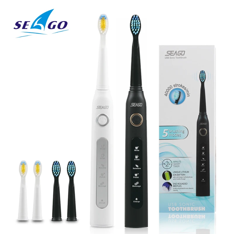 Sonic Electric Toothbrush 3 brush heads for Adult 5 Cleaning Modes USB Charging Power Tooth Brush Waterproof Portable Travel