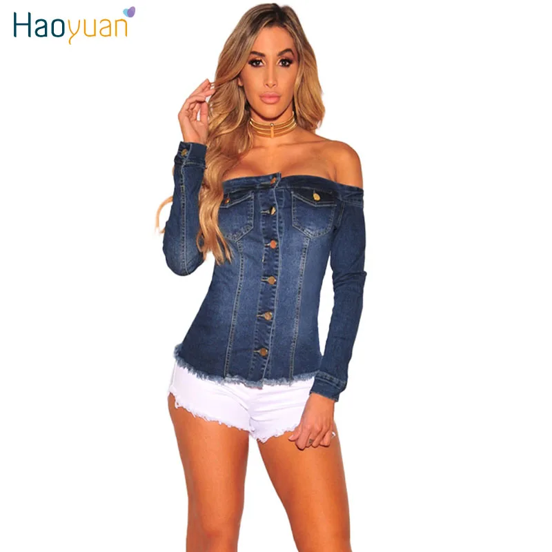 HAOYUAN Women Denim Jacket 2018 Spring Autumn Bomber Coat Cardigan jaquetas feminina Sexy Slash Neck Off Shoulder Jean Jacket
HAOYUAN Women Denim Jacket 2018 Spring Autumn Bomber Coat Cardigan jaquetas feminina Sexy Slash Neck Off Shoulder Jean Jacket